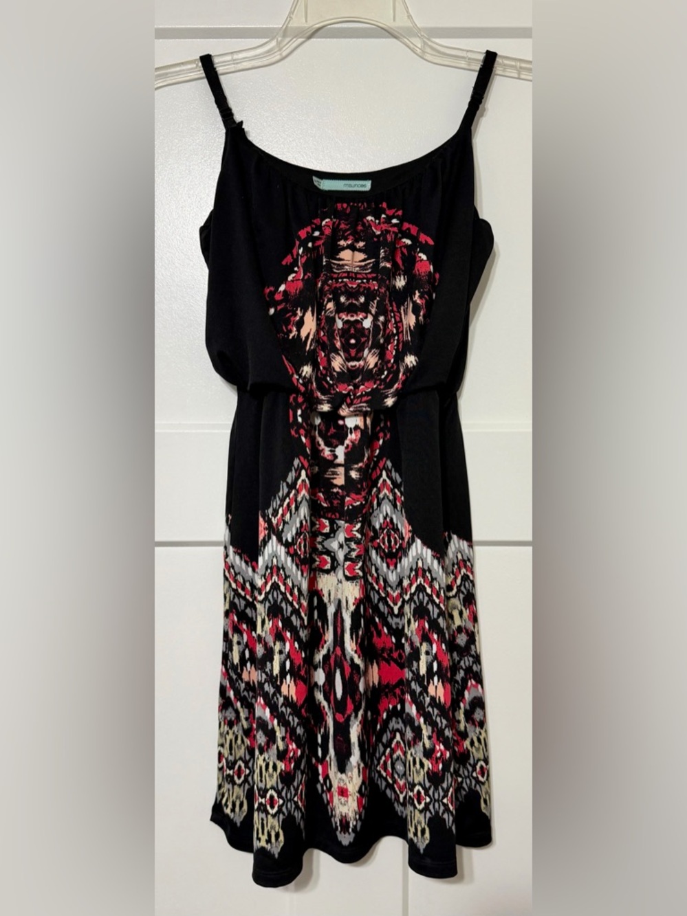 938: Maurices Black Dress with Red and Pink Aztec Accent - XS